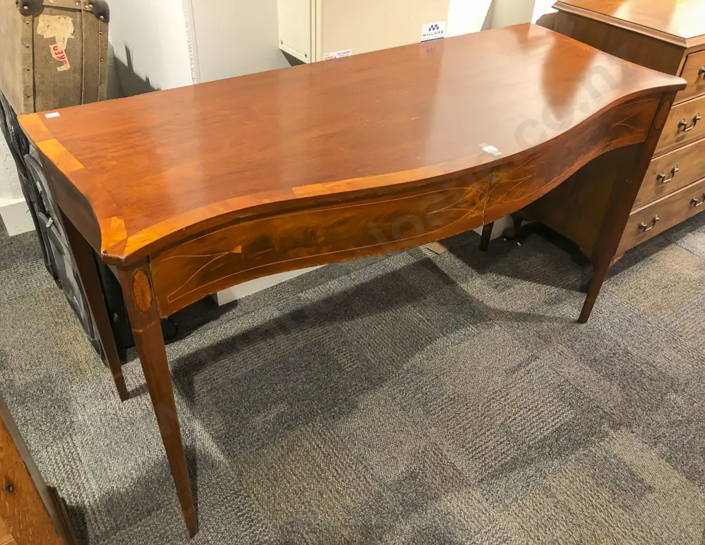An Attractive Sheraton Style Mahogany & Inlaid Serpentine Front Serving Table Image 1++