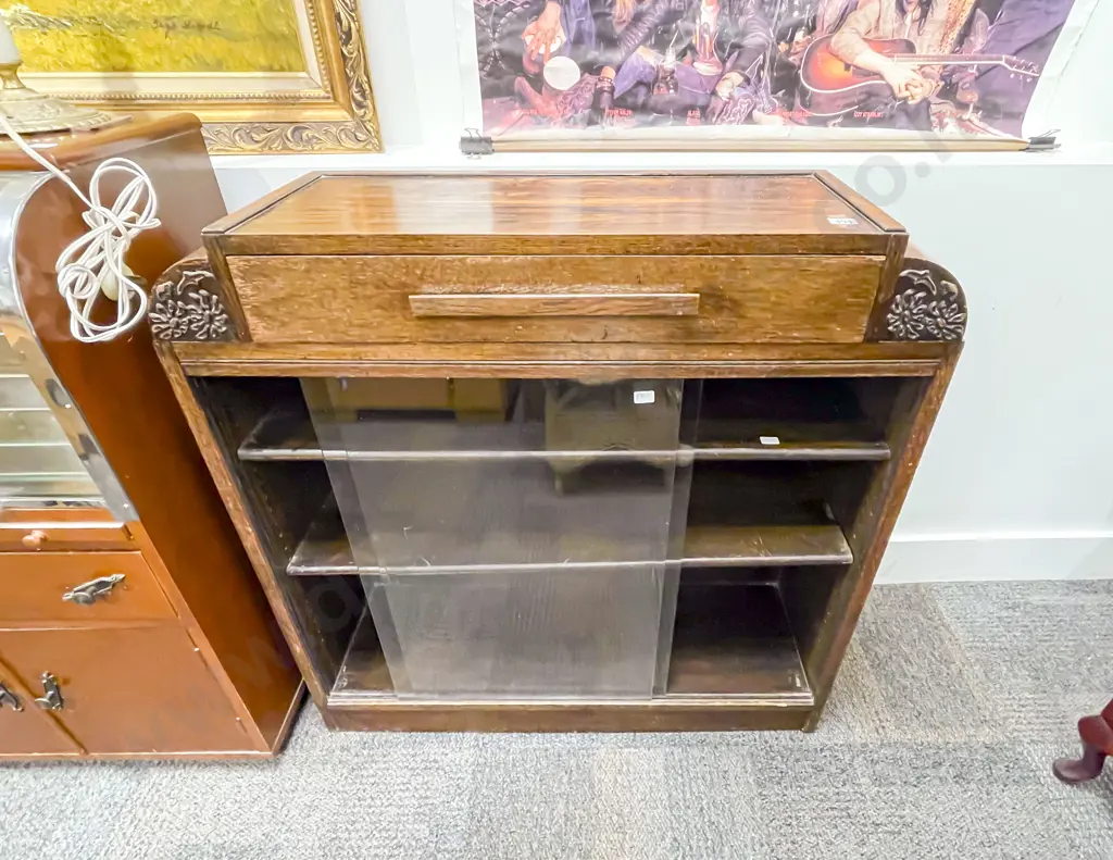 Oak Bookcase with Glass Sliding Doors Image 1++