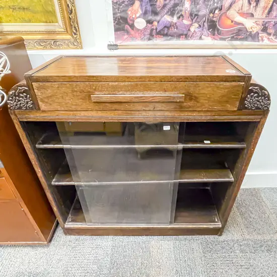 Oak Bookcase with Glass Sliding Doors