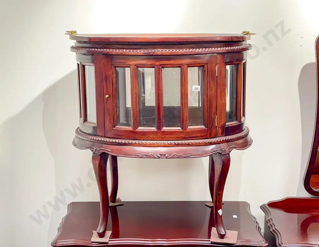 Oval Side Cabinet with Beveled Glass Windows and Tray to Top Image 1++