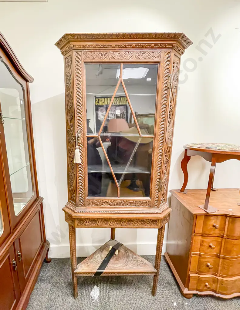 Carved Oak Corner Cabinet on Tiered Base Image 1++