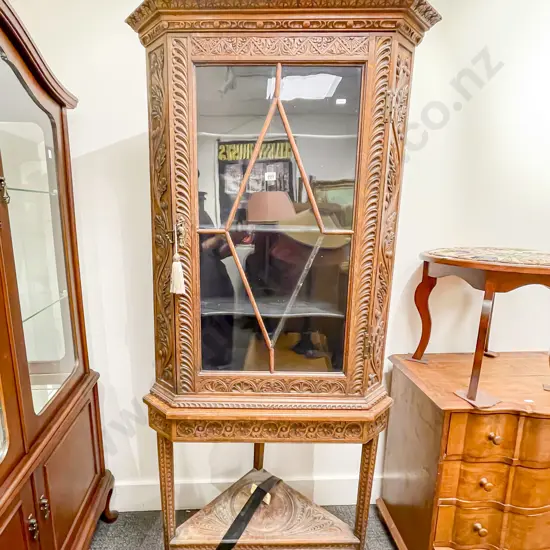 Carved Oak Corner Cabinet on Tiered Base