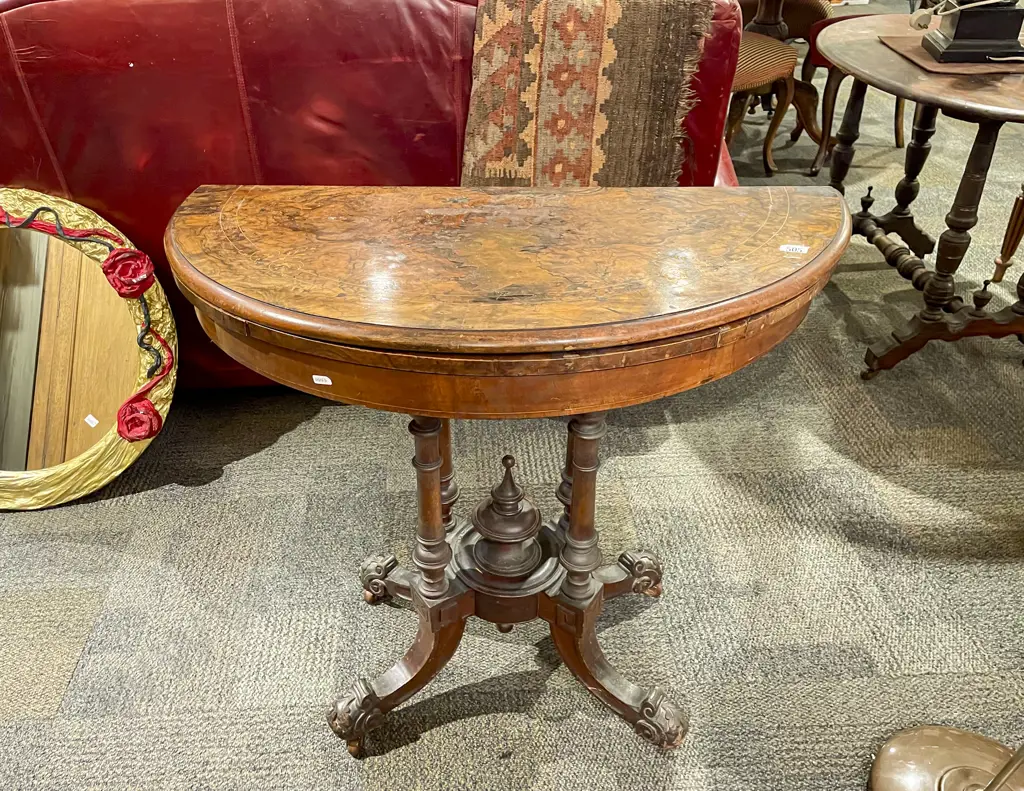 Antique Burr Walnut Fold Over Card Table Image 1++