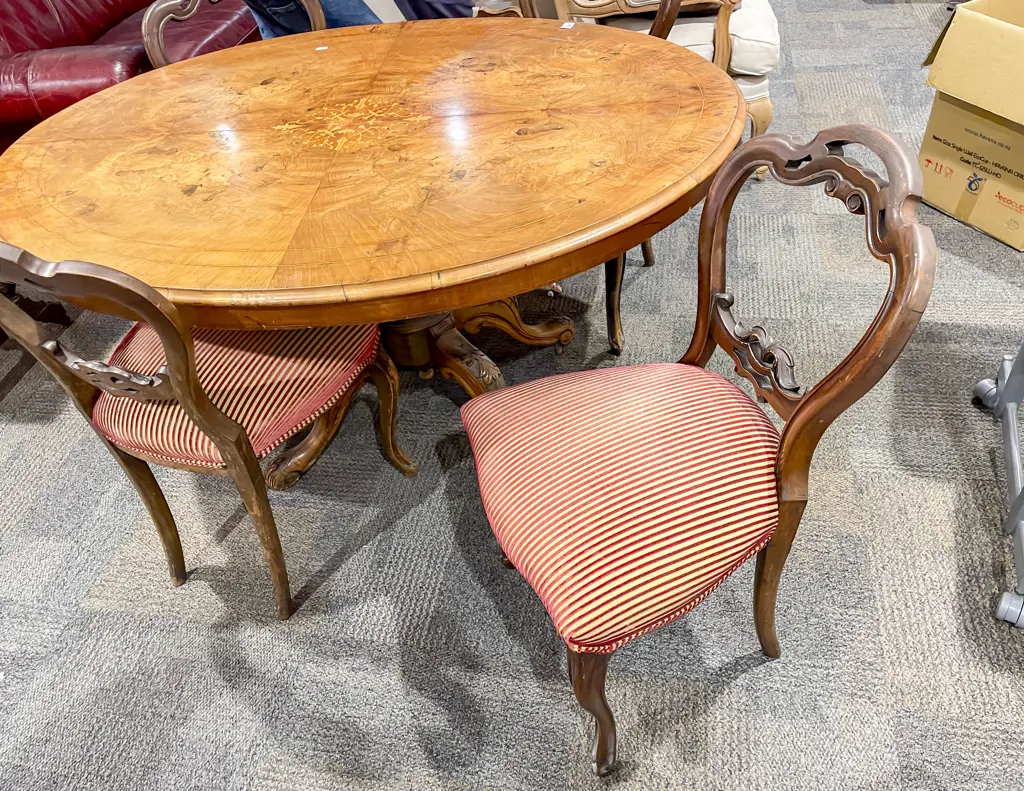 Antique Burr Walnut Loo Table with Four Balloon Back Chairs Image 1++