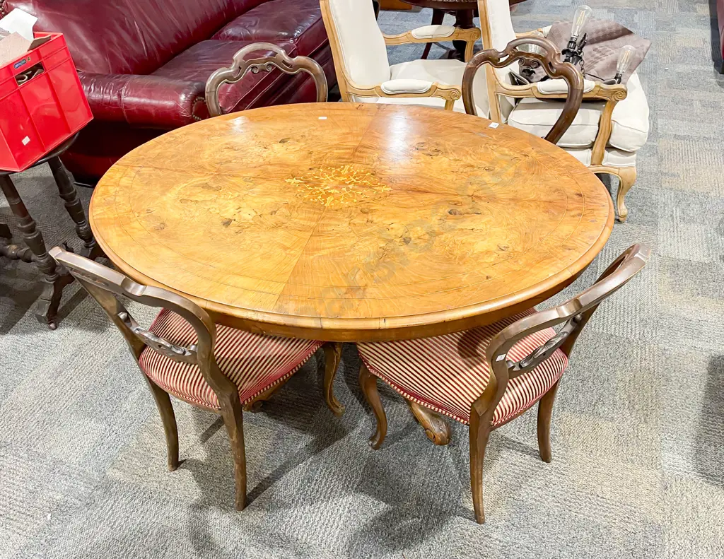 Antique Burr Walnut Loo Table with Four Balloon Back Chairs Image 1++