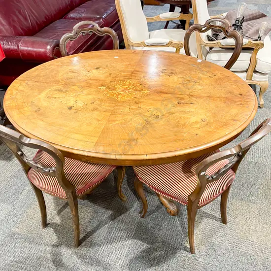 Antique Burr Walnut Loo Table with Four Balloon Back Chairs