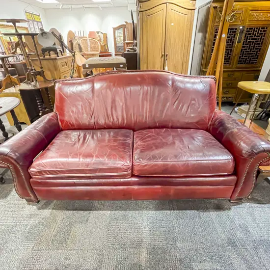Burgundy Leather Roll Arm Sofa