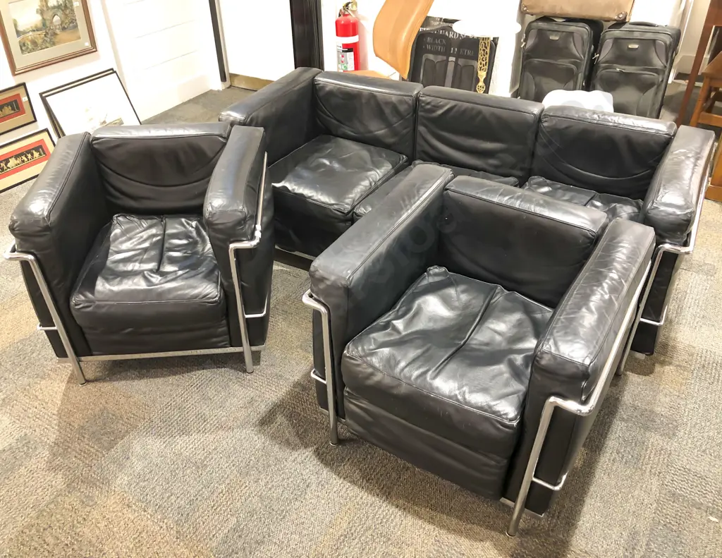 Le Corbussier LC3 Style Black Leather & Chrome Three Piece Lounge Suite Image 1++