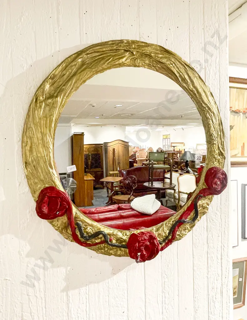 Circular Wall Mirror With Decorative Gilt Painted Frame Image 1++