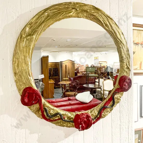 Circular Wall Mirror With Decorative Gilt Painted Frame