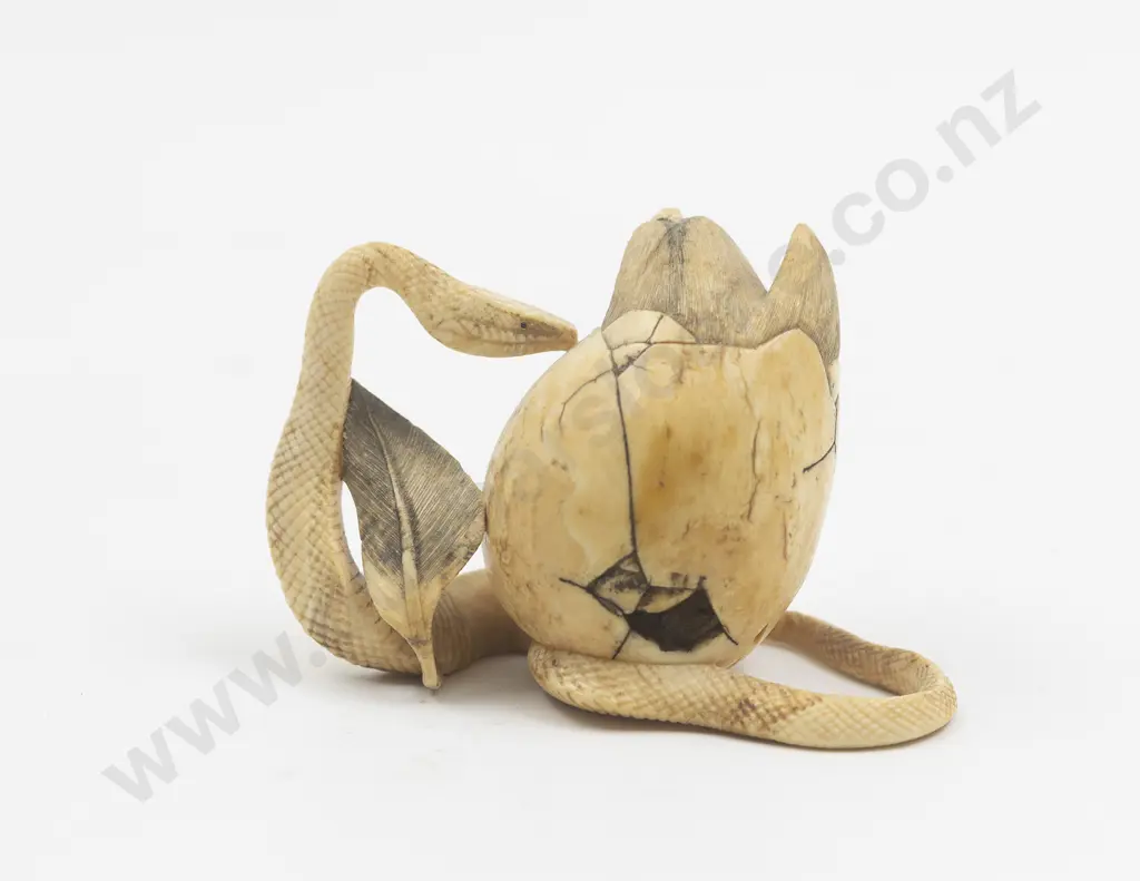 Japanese Ivory Netsuke Of A Cobra Attacking A Bird Emerging From An Egg Image 1++