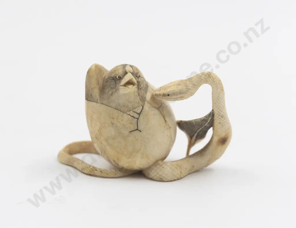 Japanese Ivory Netsuke Of A Cobra Attacking A Bird Emerging From An Egg Image 1++