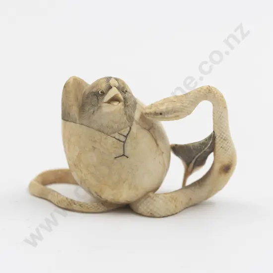 Japanese Ivory Netsuke Of A Cobra Attacking A Bird Emerging From An Egg