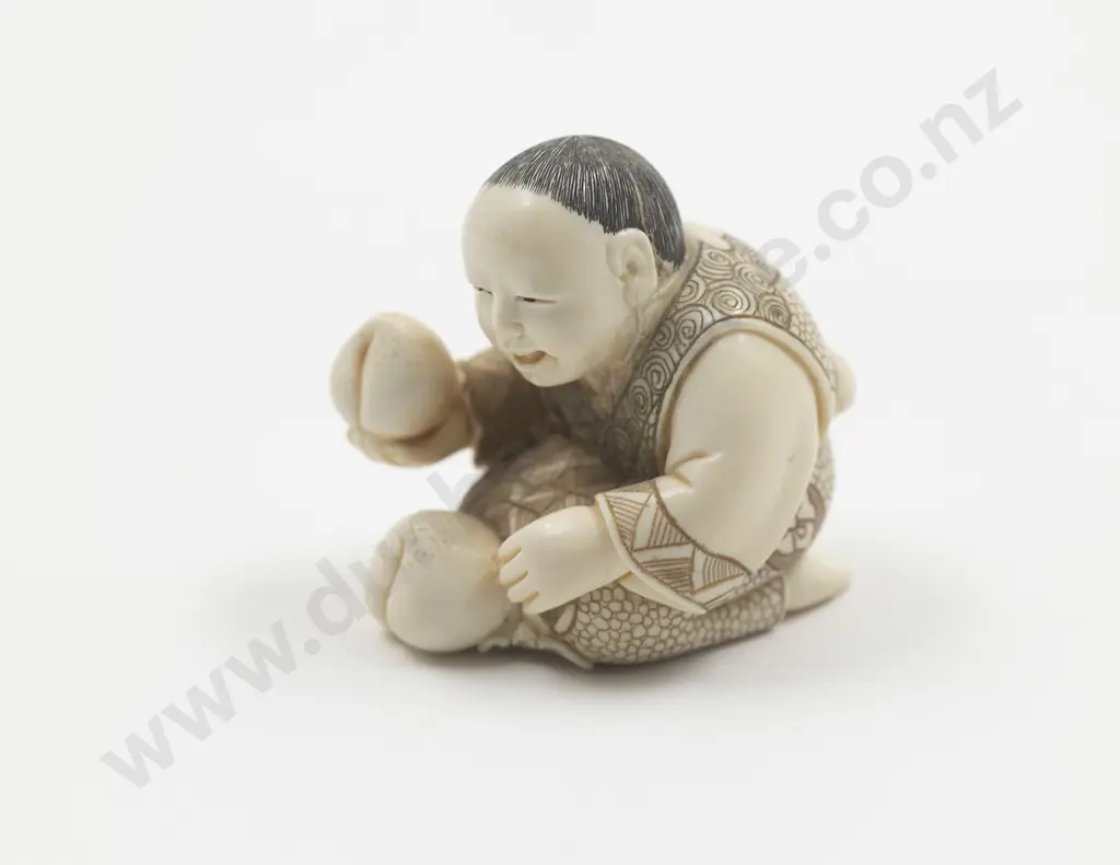 Japanese Ivory Netsuke Of A Boy Holding A Peach Image 1++