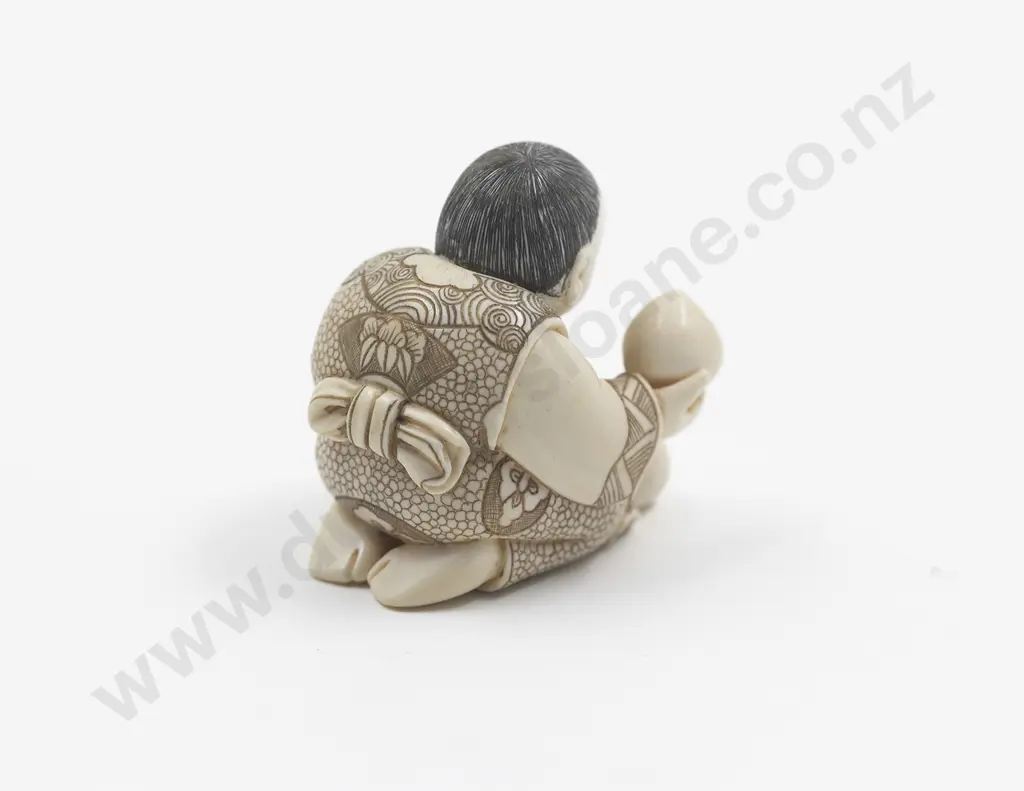 Japanese Ivory Netsuke Of A Boy Holding A Peach Image 1++