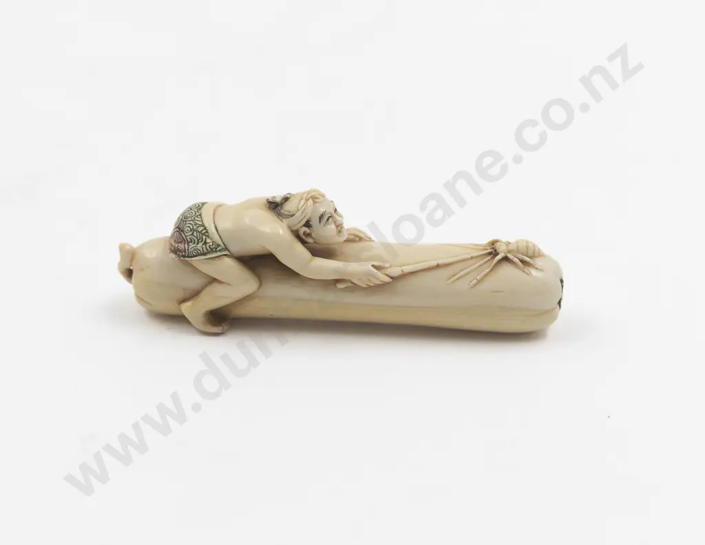 Japanese Ivory Netsuke Of a Man On A Large Squash Image 1++