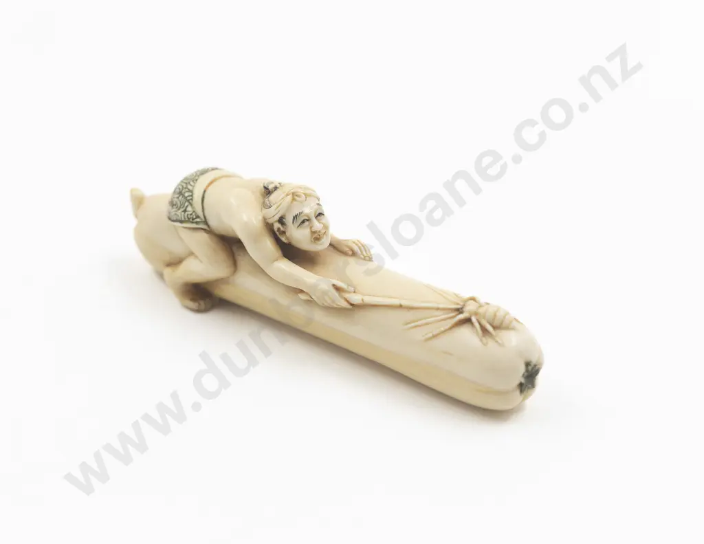 Japanese Ivory Netsuke Of a Man On A Large Squash Image 1++
