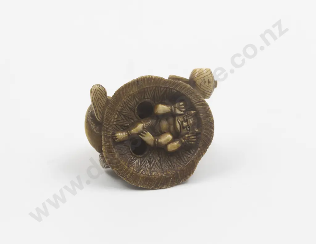 Japanese Ivory Netsuke Of A Man With A Large Mallet On A Rock Pursing An Oni Image 1++