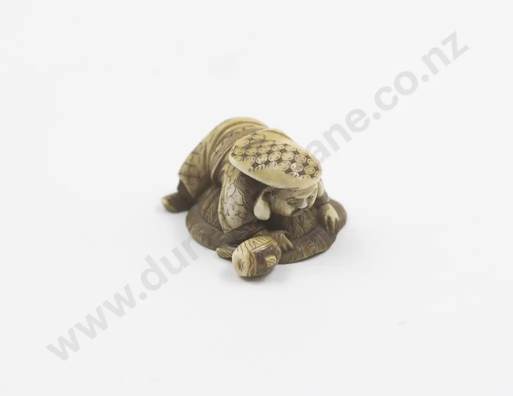 Japanese Ivory Netsuke Of A Man With A Large Mallet On A Rock Pursing An Oni Image 1++