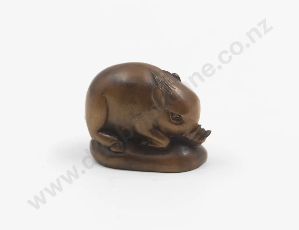 Japanese Carved Wood Netsuke Of A Pig Image 1++