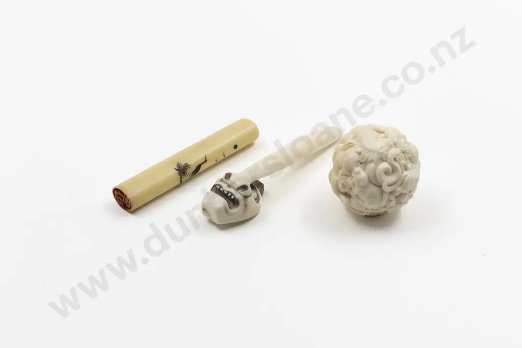 Japanese Ivory Netsuke of a Tengu Mask Together With An Ivory Chop Seal And Ivory Zodiac Okimono Image 1++