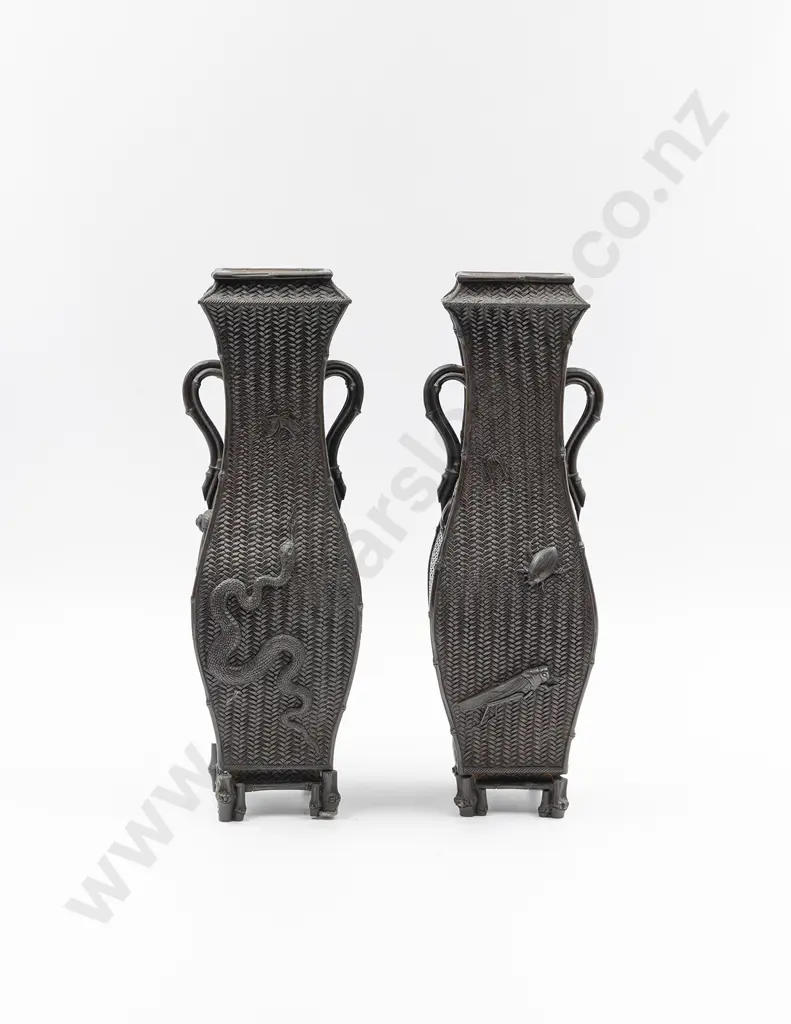 A Pair Of Meiji Period Bronze Vases by Shokoben Image 1++