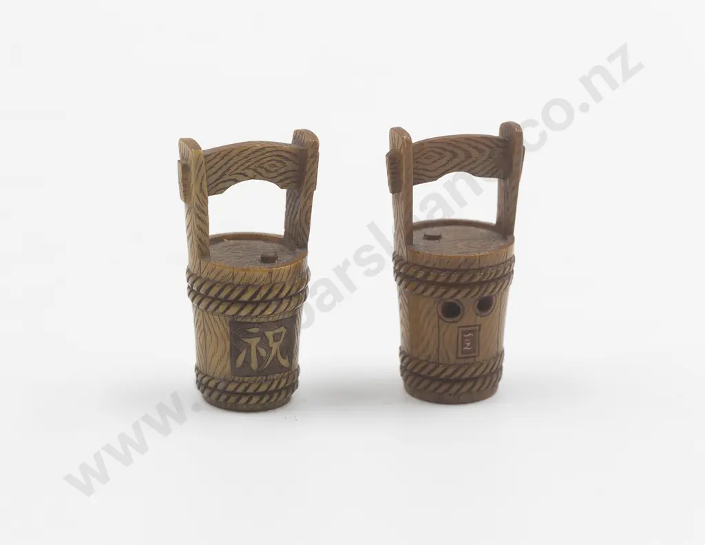 Two Signed and Tea-Stained Ivory Netsuke of Water Pails Image 1++