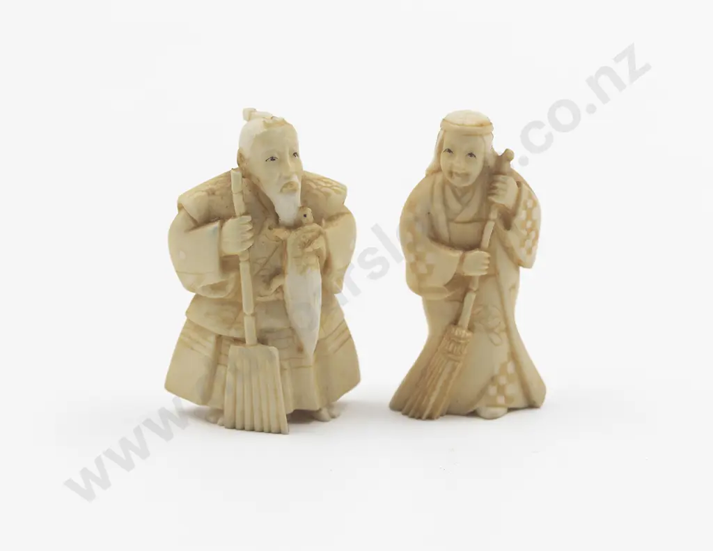 Two Signed Ivory Okimono of a Male and Female Image 1++