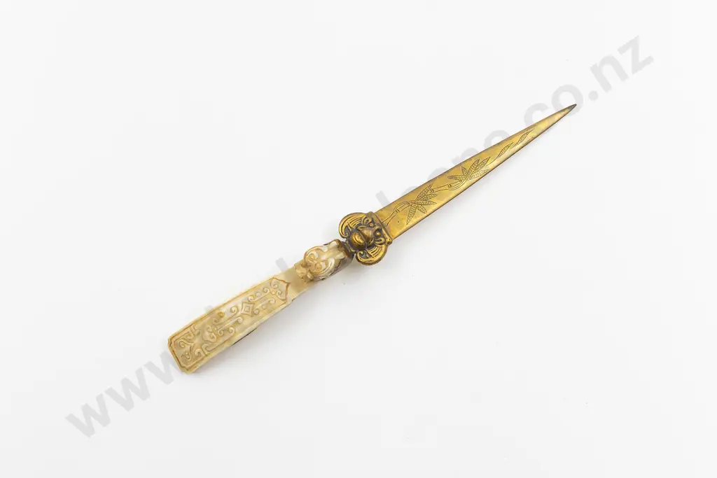 Chinese Archaic Style Brass and Ivory Ruyi Scepter Paper Knife Image 1++