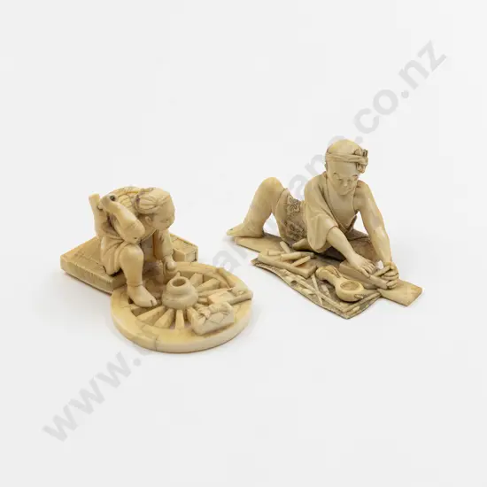 Signed Ivory Figure of a Wheel Maker and Woodworker 8.5cm