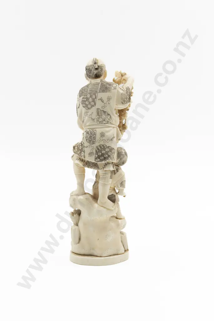 Japanese Signed Carved Ivory Figure of a Standing Man Gathering Grapes Image 1++