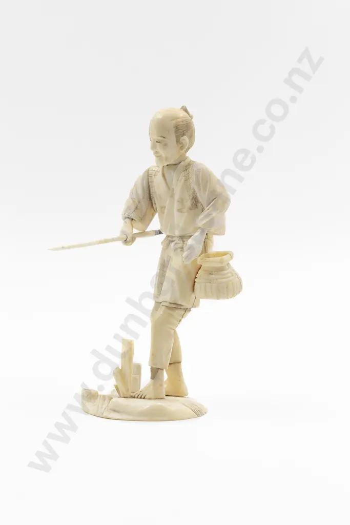 Japanese Signed Carved Ivory Figure of a Fisherman Image 1++