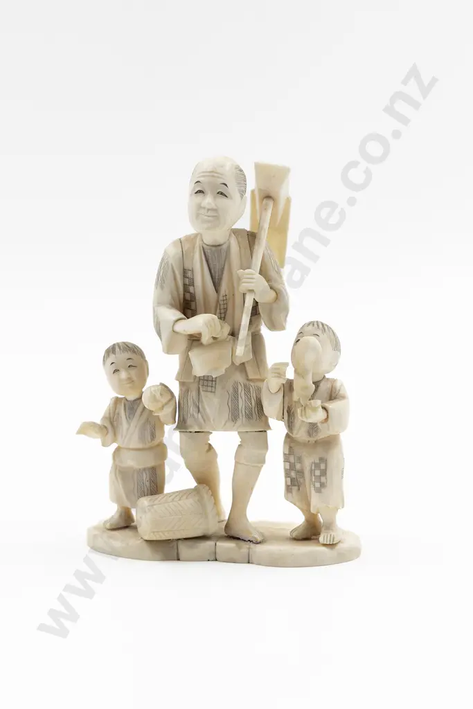 Japanese Signed Carved Ivory Figure of a Farmer and Attendants Image 1++