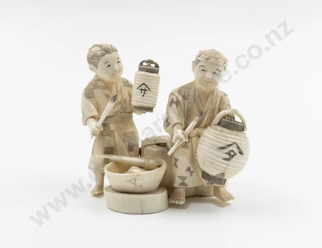 Japanese Signed Carved Ivory Group of Lantern Painters Image 1++