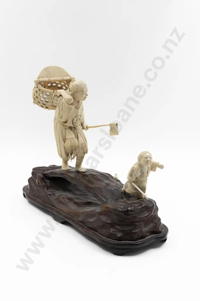 Meiji Period Japanese Signed Carved Wood and Ivory Okimono (Decorative Ornament) Image 1++