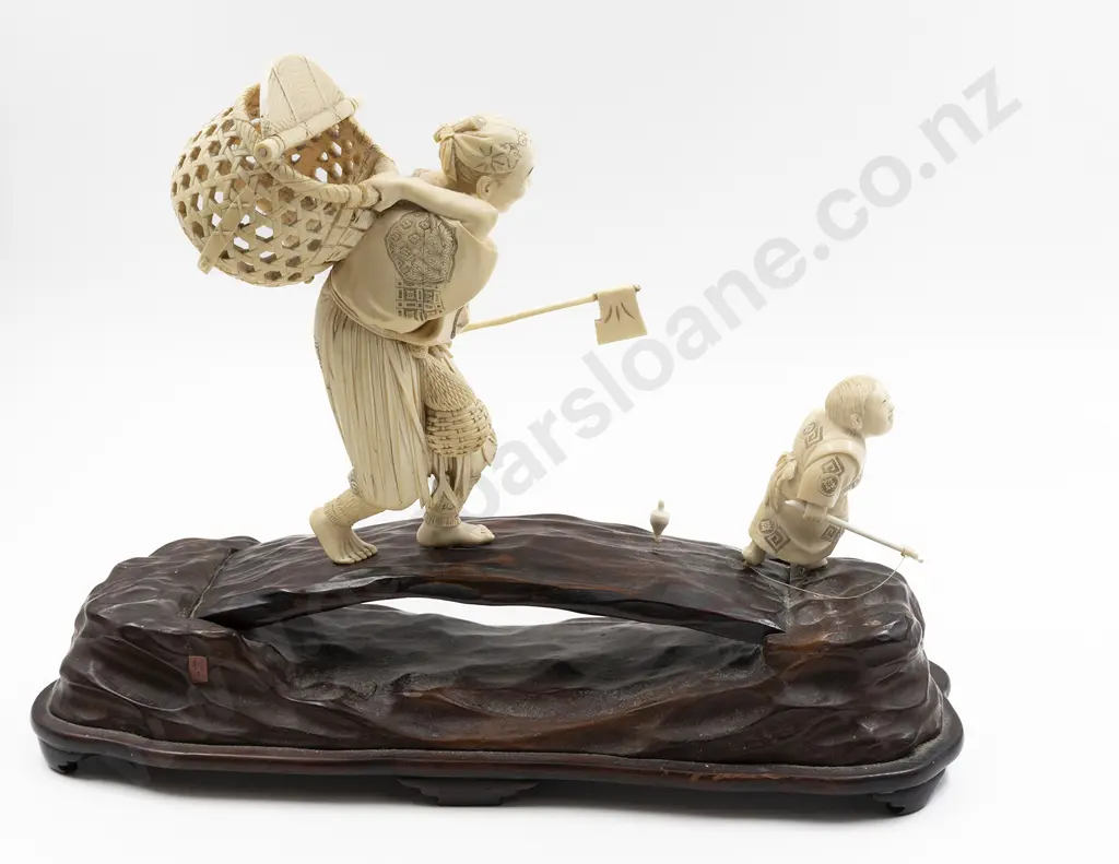 Meiji Period Japanese Signed Carved Wood and Ivory Okimono (Decorative Ornament) Image 1++