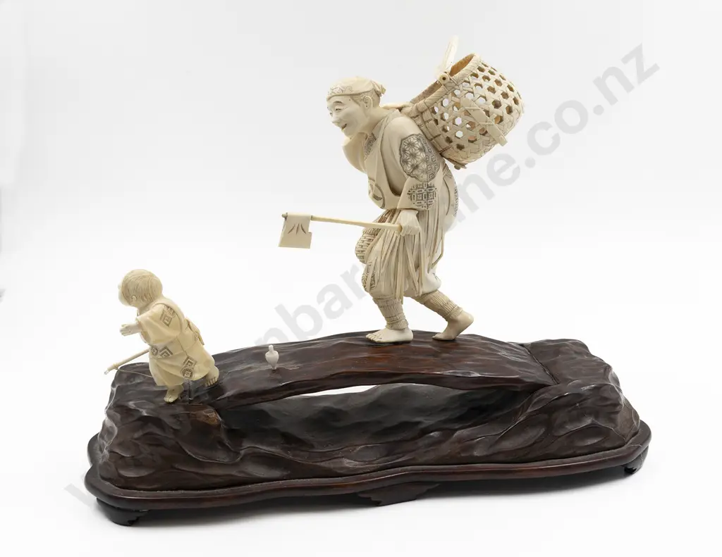 Meiji Period Japanese Signed Carved Wood and Ivory Okimono (Decorative Ornament) Image 1++
