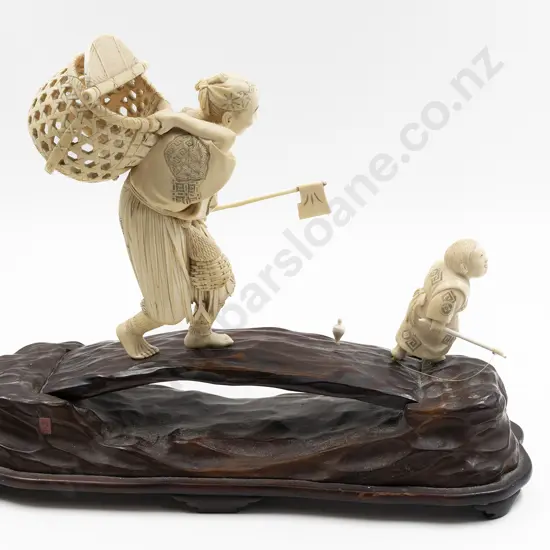 Meiji Period Japanese Signed Carved Wood and Ivory Okimono (Decorative Ornament)