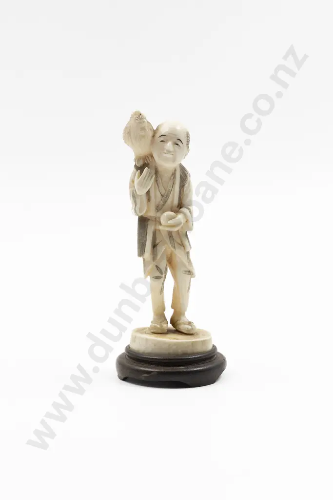 Signed Carved Ivory Standing Figure of Poultry Farmer Image 1++