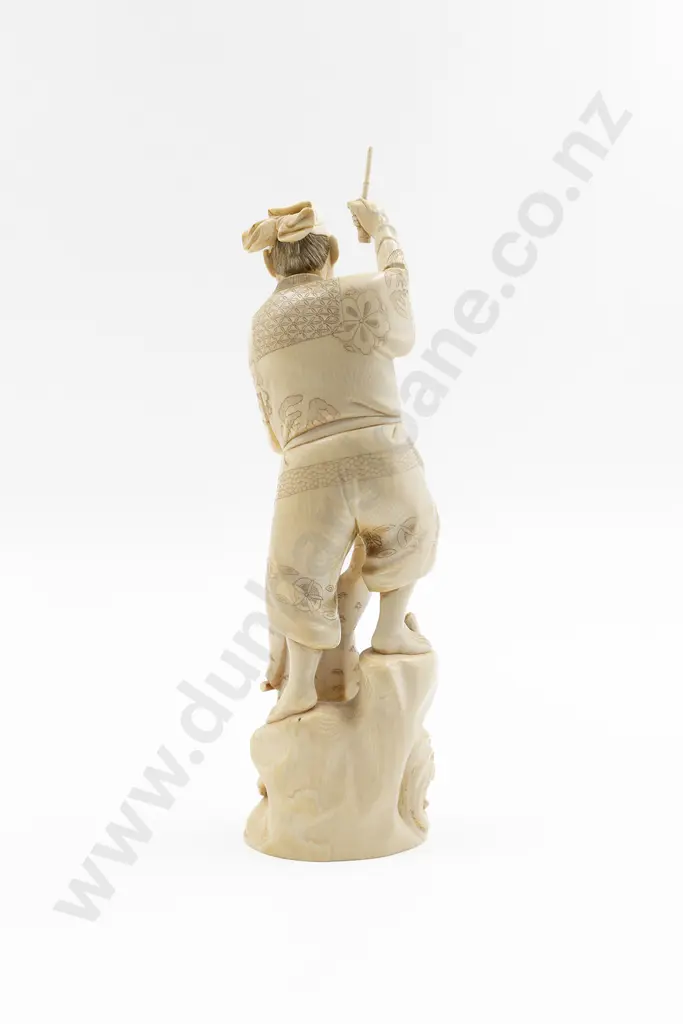 Japanese Signed Carved Ivory Figure of Fisherman and Young Child Image 1++