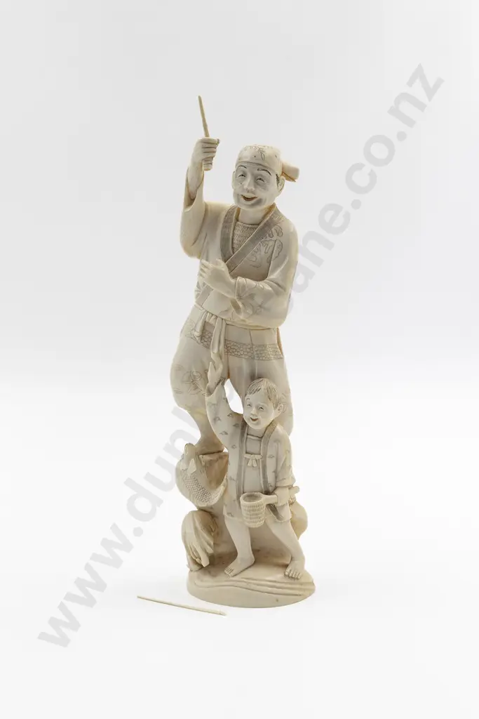 Japanese Signed Carved Ivory Figure of Fisherman and Young Child Image 1++