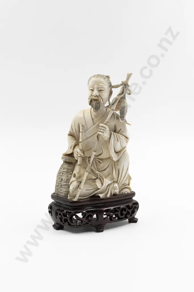 Chinese Carved Ivory Figure of Seated Fisherman Image 1++