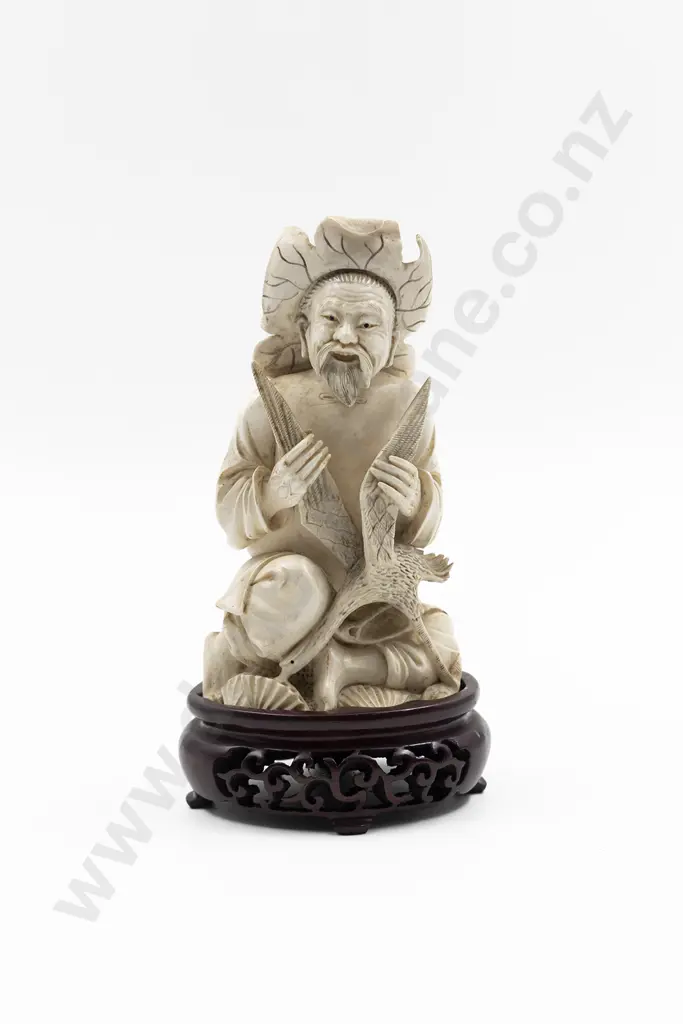 Chinese Signed Carved Ivory Figure of Seated Hunter Image 1++