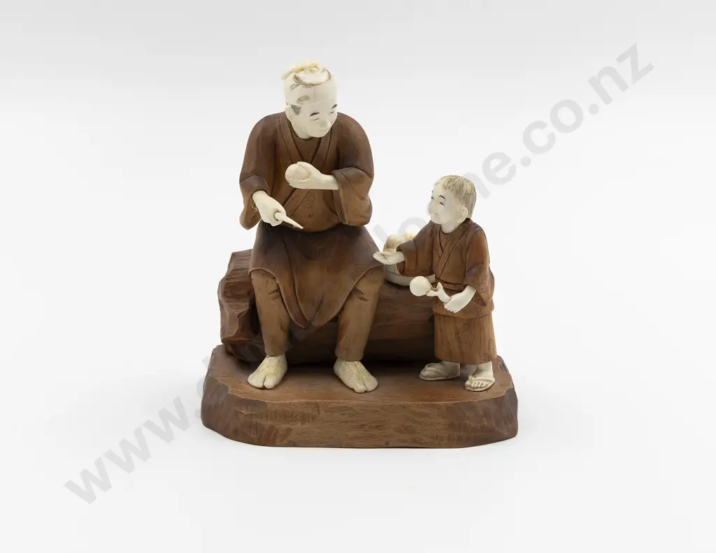 Meiji Period Japanese Signed Carved Wood and Ivory Okimono Image 1++