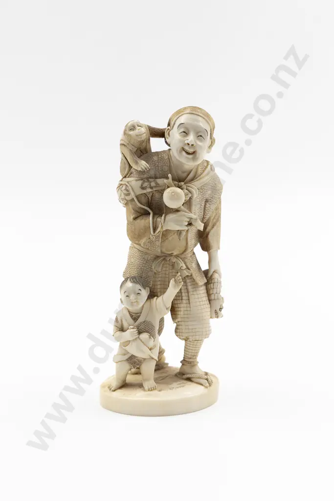 Japanese Signed Carved Ivory Figure of a Monkey Trainer Image 1++