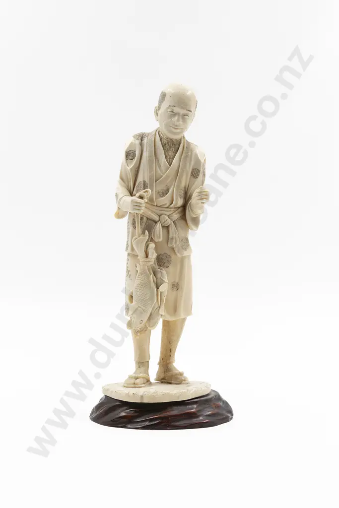 Japanese Signed Carved Ivory Figure of a Standing Fisherman Image 1++
