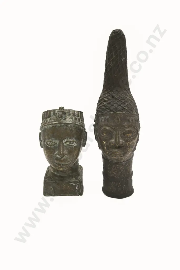 Two Decorative Cast Bronze Benin Heads Image 1++