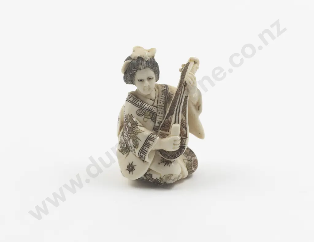 Signed Carved Ivory Netsuke of Geisha playing a Shamisen Image 1++