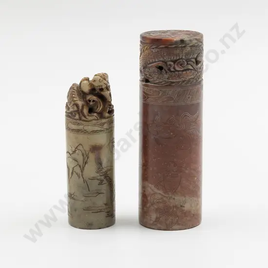 Two Chinese Soapstone Cylindrical Seals