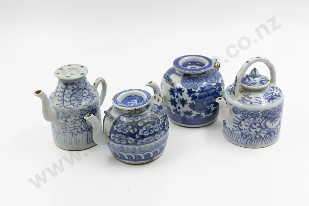 Four 19th Century Blue and White Porcelain Tea Pots Image 1++